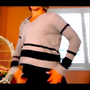 Grey sweater with maroon red stripes